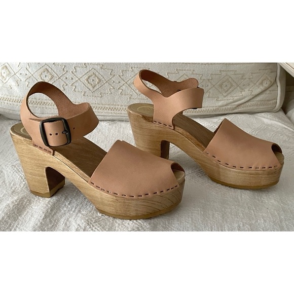 No. 6 Shoes - No. 6 Tan Leather Mules with Wooden Platform, Size 39